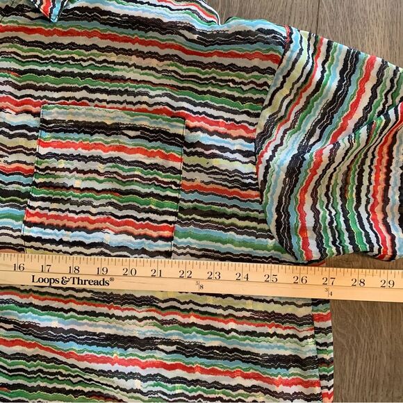 FOREVER 21 SHIRT WOMENS LARGE MUTI COLORED STRIPED SHEER HIDDEN BUTTON UP. - Picture 13 of 14